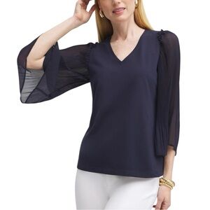 Chico's 3 Navy Blue Pleated Sheer Pleated Billow Dramatic Sleeve Top Blouse XL